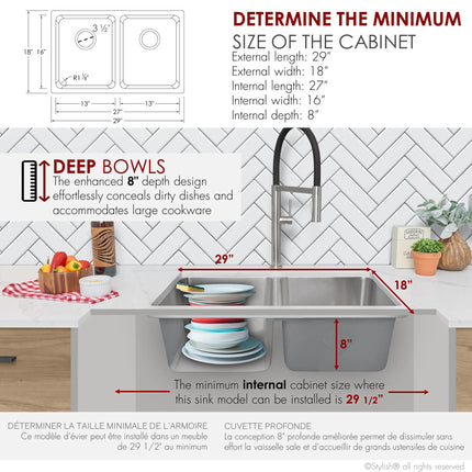 STYLISH 29 inch Double Bowl Undermount and Drop-in Stainless Steel Kitchen Sink S-414T - Plumbing Market