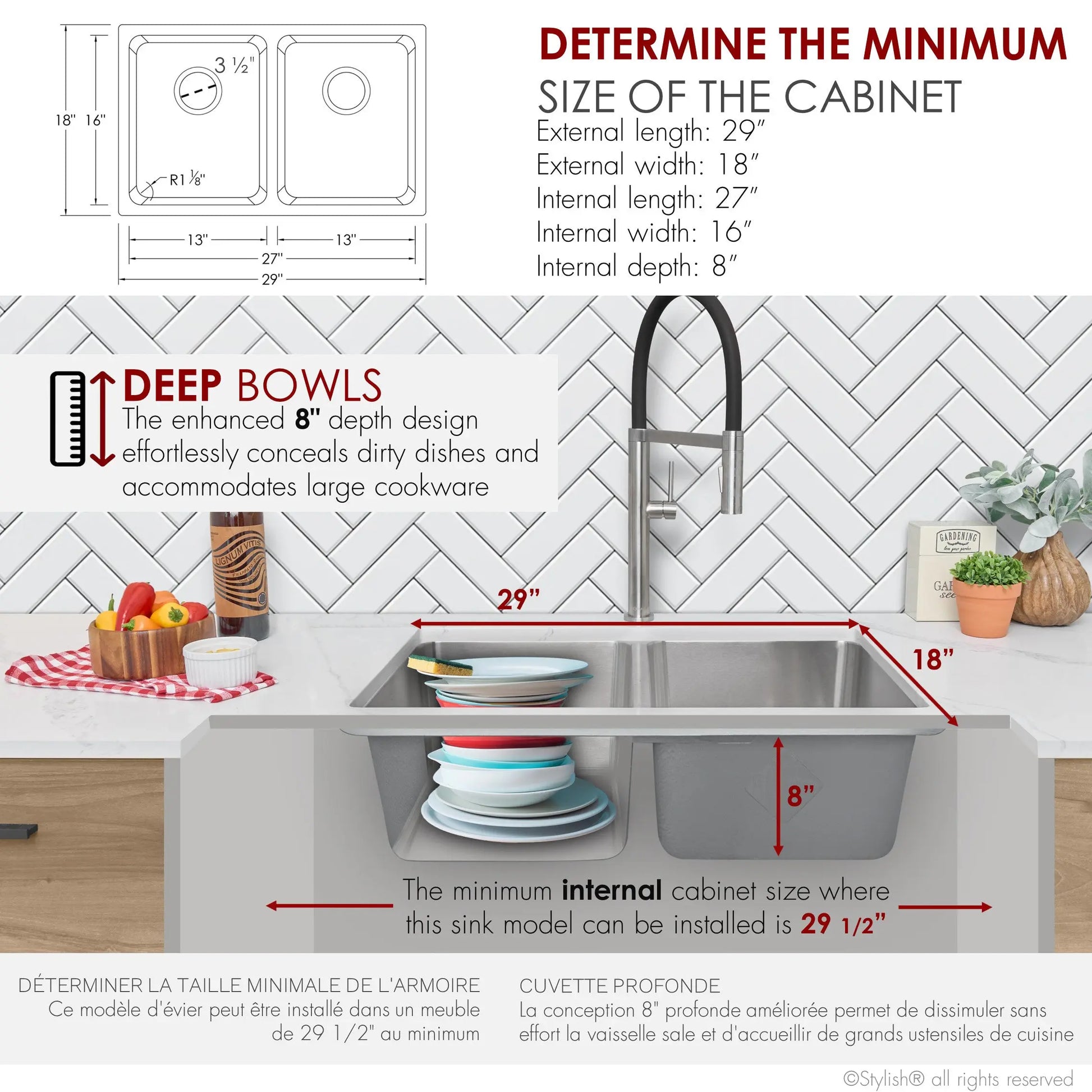 STYLISH 29 inch Double Bowl Undermount and Drop-in Stainless Steel Kitchen Sink S-414T - Plumbing Market