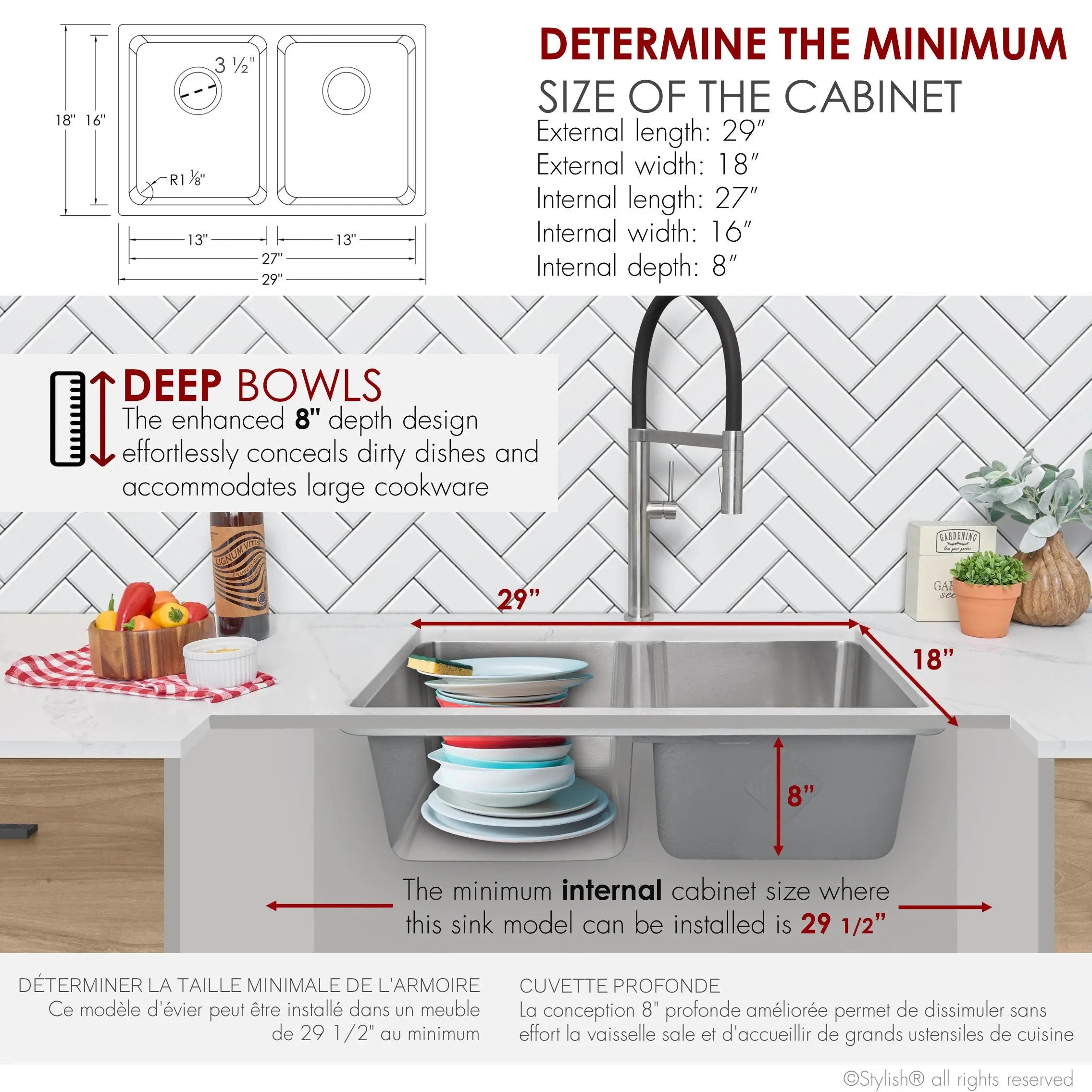STYLISH 29 inch Double Bowl Undermount and Drop-in Stainless Steel Kitchen Sink S-414T - Plumbing Market