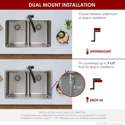 STYLISH 29 inch Double Bowl Undermount and Drop-in Stainless Steel Kitchen Sink S-414T - Plumbing Market