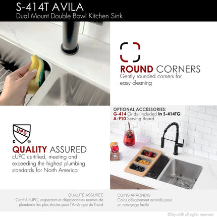 STYLISH 29 inch Double Bowl Undermount and Drop-in Stainless Steel Kitchen Sink S-414T - Plumbing Market