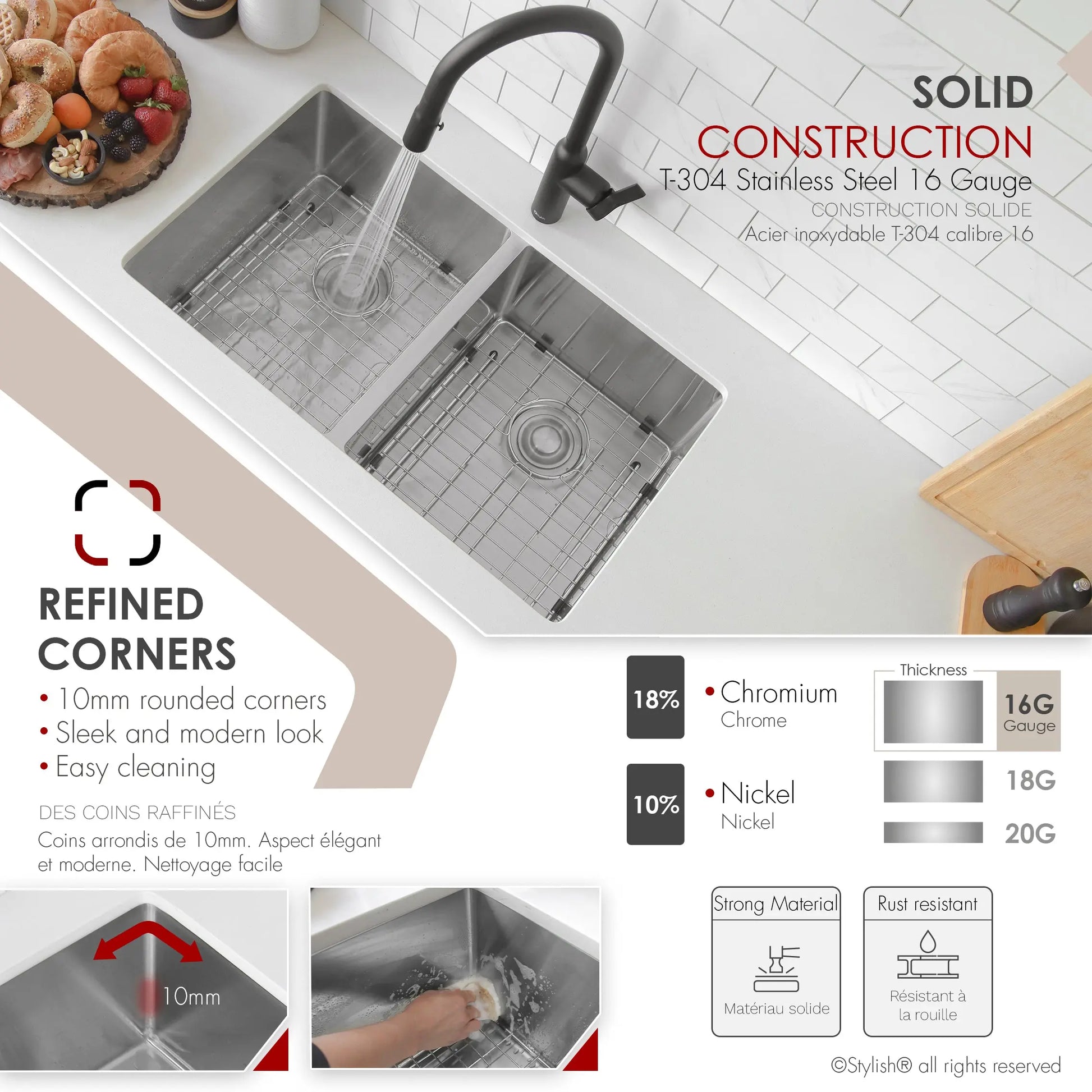 STYLISH 30 inch Double Bowl Undermount Stainless Steel Kitchen Sink S-304XG - Plumbing Market