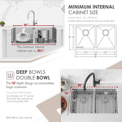 STYLISH 30 inch Double Bowl Undermount Stainless Steel Kitchen Sink S-304XG - Plumbing Market