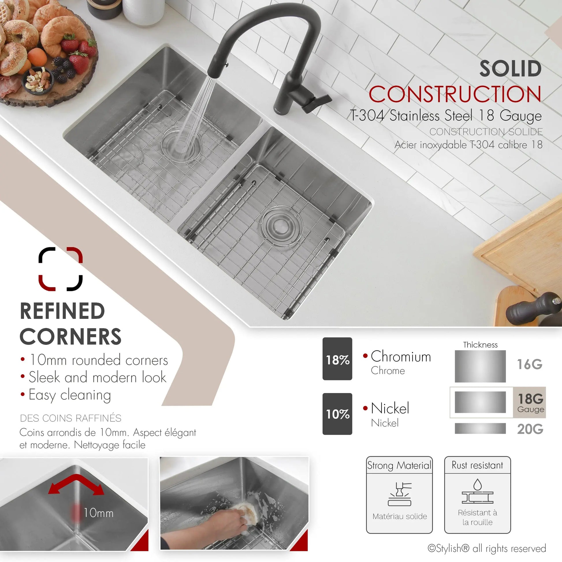 STYLISH 30 inch Double Bowl Undermount and Drop-in Stainless Steel Kitchen Sink S-304TG - Plumbing Market