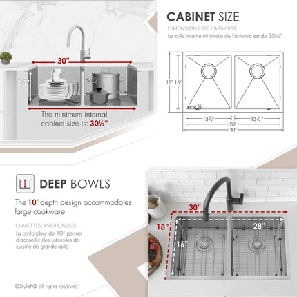 STYLISH 30 inch Double Bowl Undermount and Drop-in Stainless Steel Kitchen Sink S-304TG - Plumbing Market