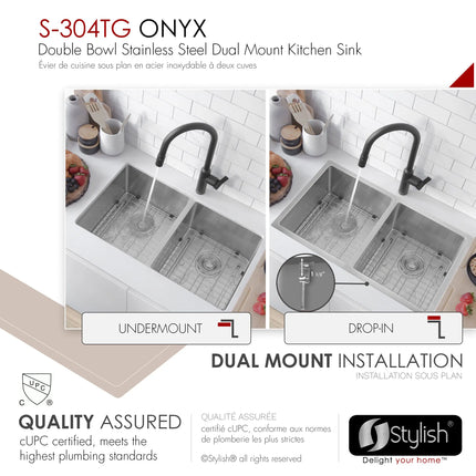 STYLISH 30 inch Double Bowl Undermount and Drop-in Stainless Steel Kitchen Sink S-304TG - Plumbing Market