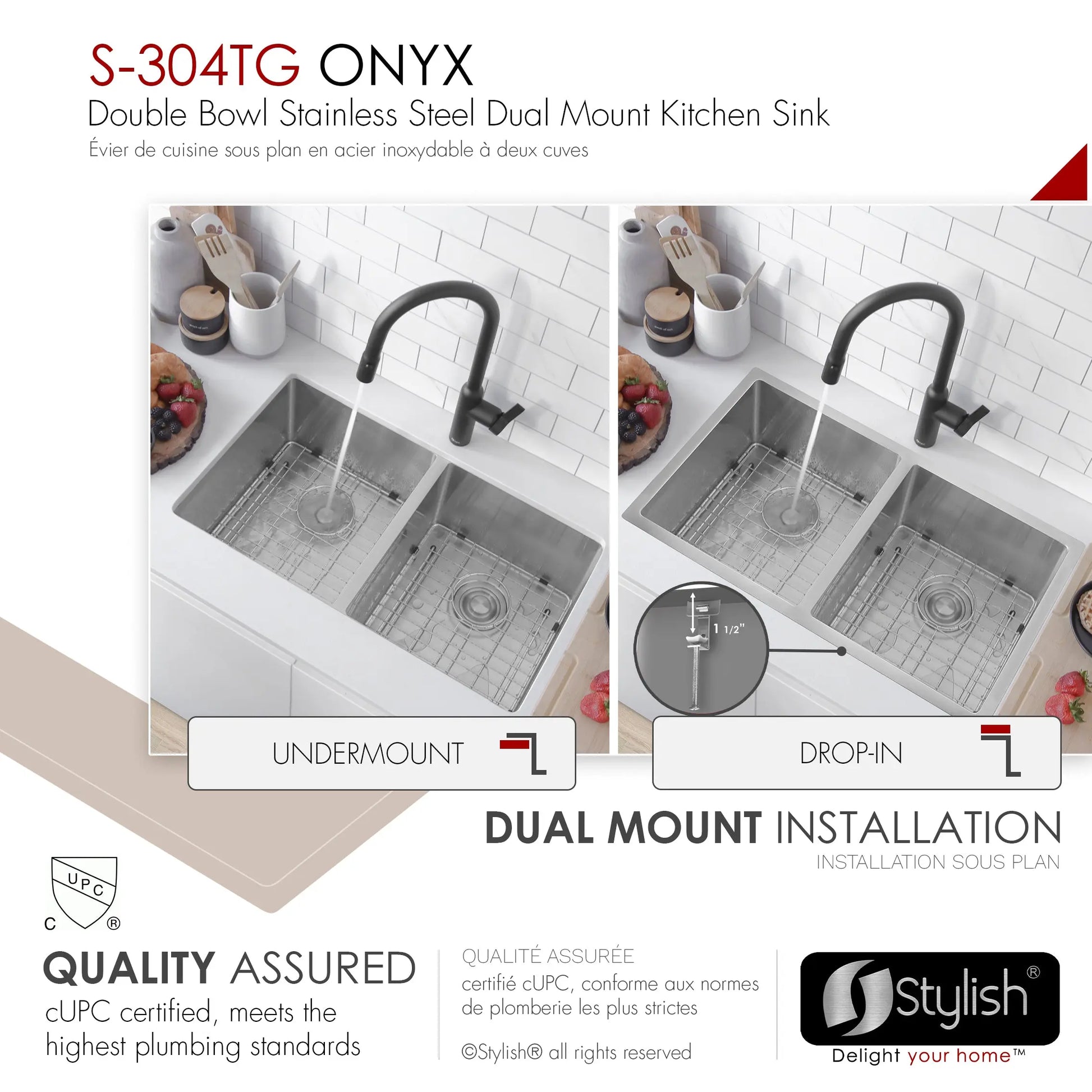 STYLISH 30 inch Double Bowl Undermount and Drop-in Stainless Steel Kitchen Sink S-304TG - Plumbing Market