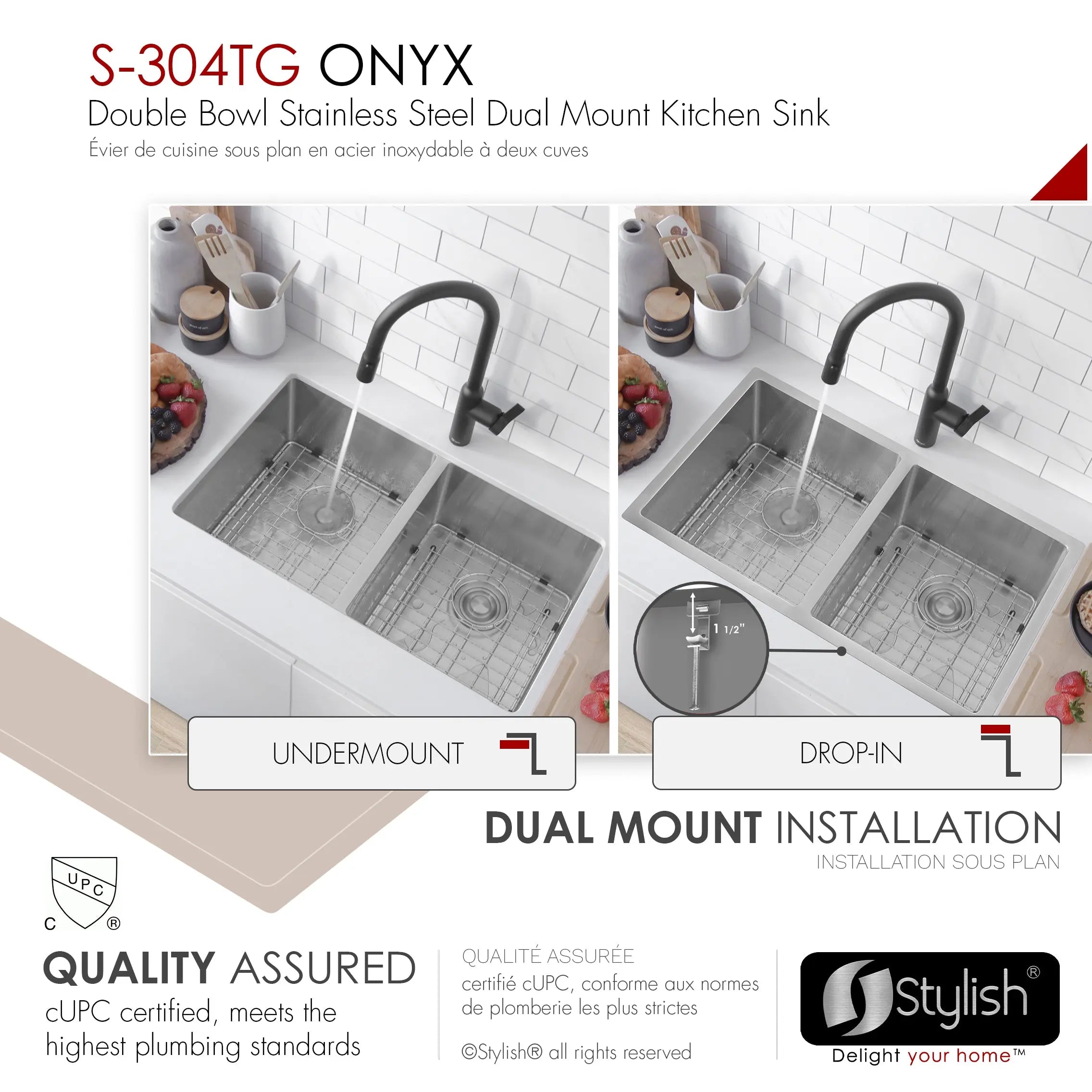 STYLISH 30 inch Double Bowl Undermount and Drop-in Stainless Steel Kitchen Sink S-304TG - Plumbing Market
