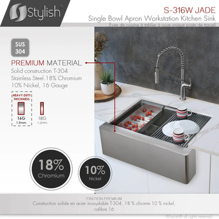 STYLISH 30 inch Farmhouse Single Bowl Stainless Steel Apron Kitchen Sink S-316W - Plumbing Market