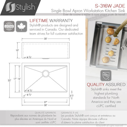 STYLISH 30 inch Farmhouse Single Bowl Stainless Steel Apron Kitchen Sink S-316W - Plumbing Market