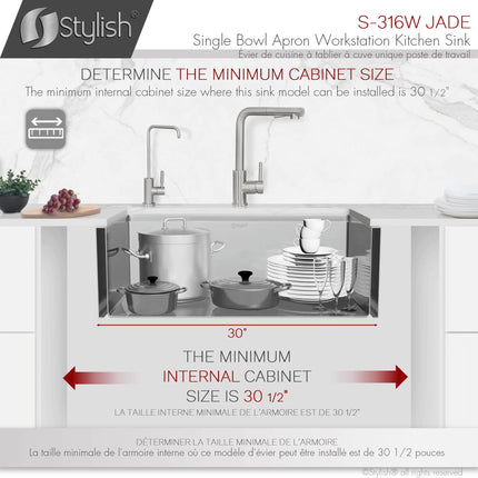 STYLISH 30 inch Farmhouse Single Bowl Stainless Steel Apron Kitchen Sink S-316W - Plumbing Market