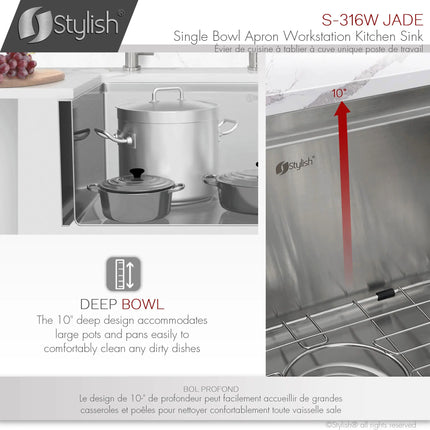 STYLISH 30 inch Farmhouse Single Bowl Stainless Steel Apron Kitchen Sink S-316W - Plumbing Market