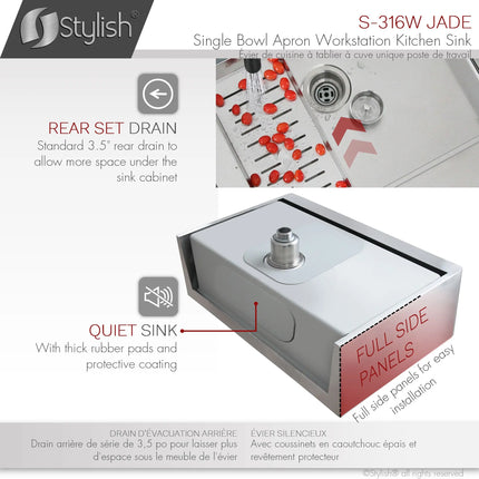 STYLISH 30 inch Farmhouse Single Bowl Stainless Steel Apron Kitchen Sink S-316W - Plumbing Market