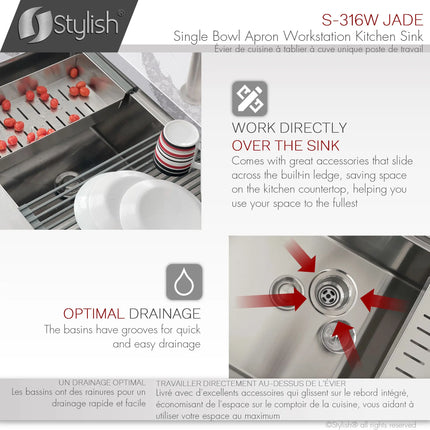 STYLISH 30 inch Farmhouse Single Bowl Stainless Steel Apron Kitchen Sink S-316W - Plumbing Market