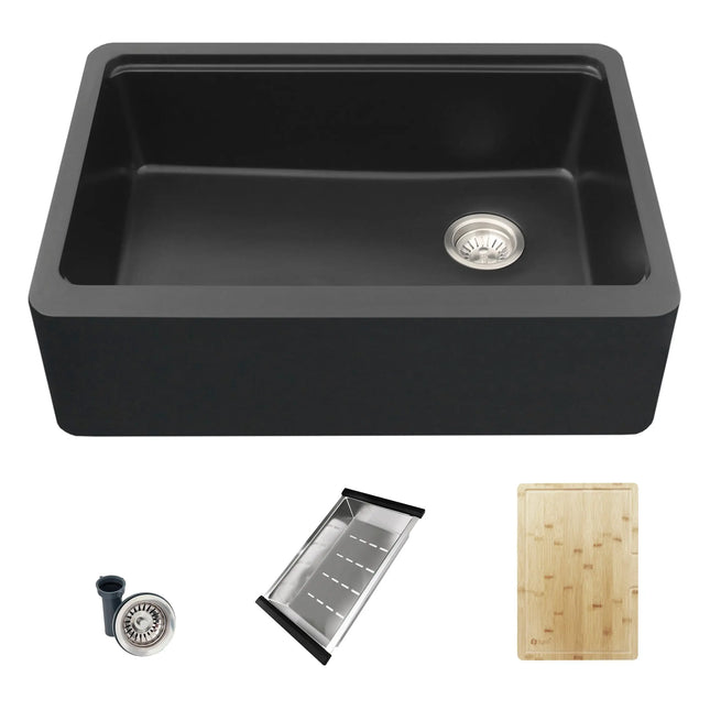 STYLISH 30 inch Farmhouse Workstation Single Bowl Black Composite Apron Kitchen Sink with Built-in Accessories S-830WN Bronte - Plumbing Market
