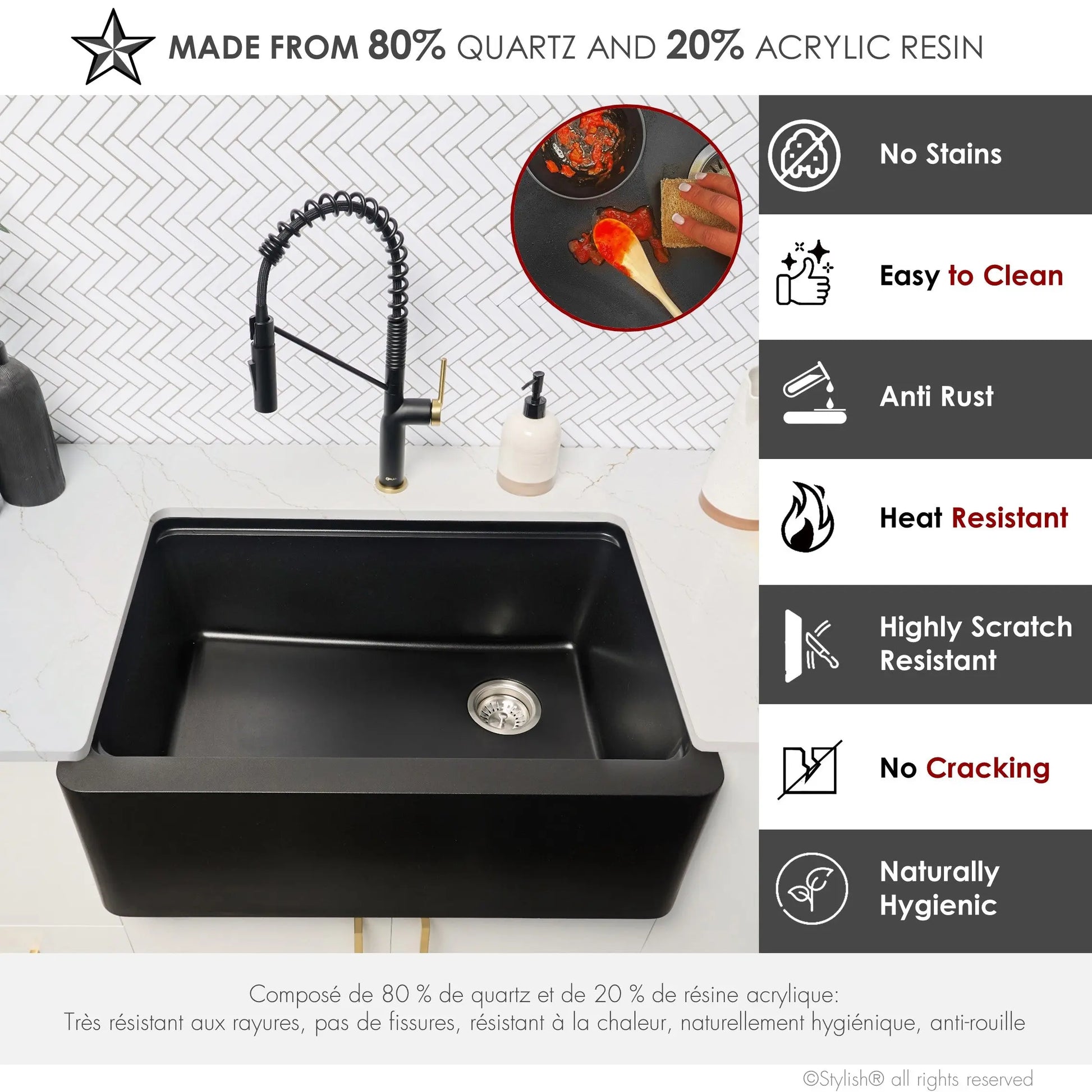 STYLISH 30 inch Farmhouse Workstation Single Bowl Black Composite Apron Kitchen Sink with Built-in Accessories S-830WN Bronte - Plumbing Market