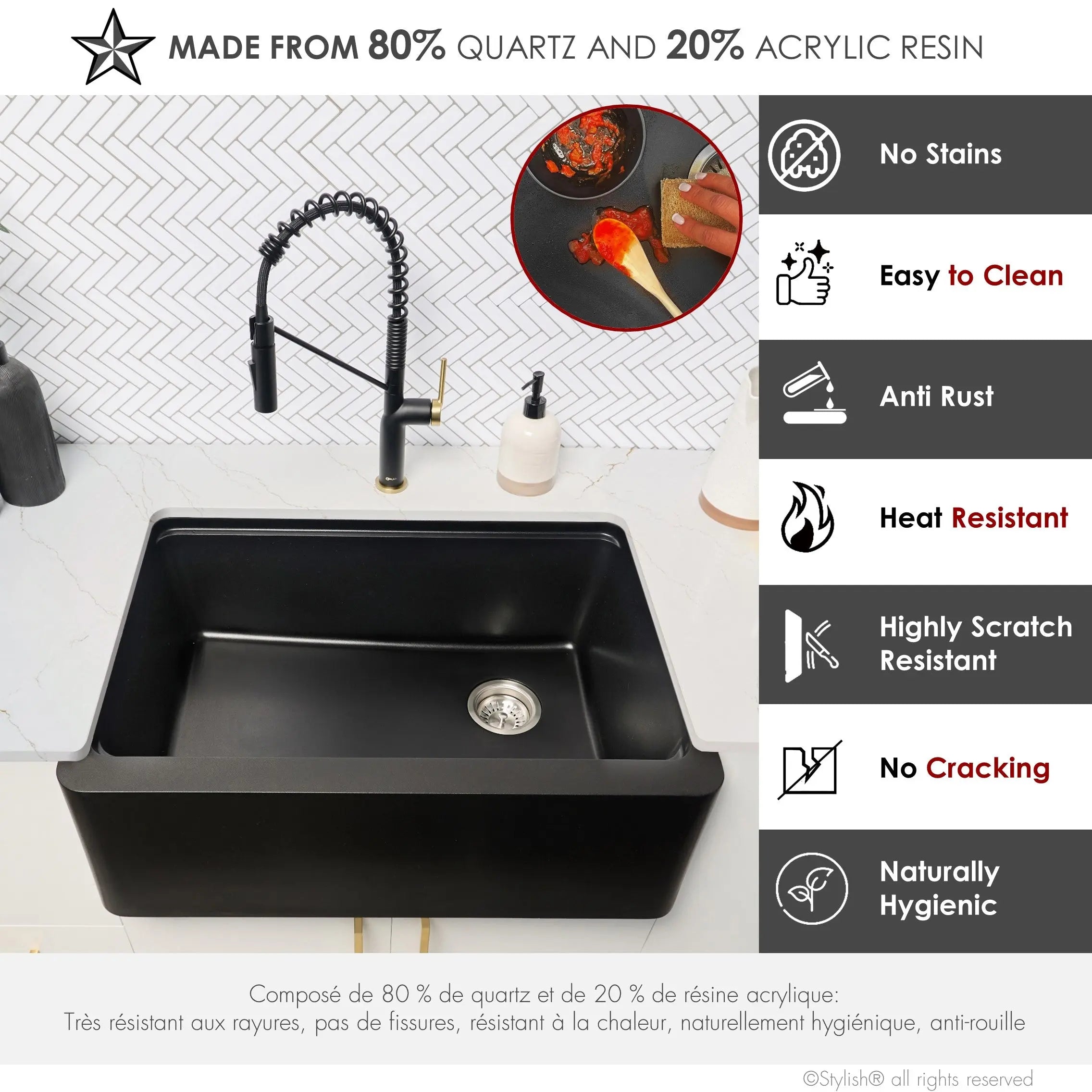 STYLISH 30 inch Farmhouse Workstation Single Bowl Black Composite Apron Kitchen Sink with Built-in Accessories S-830WN Bronte - Plumbing Market