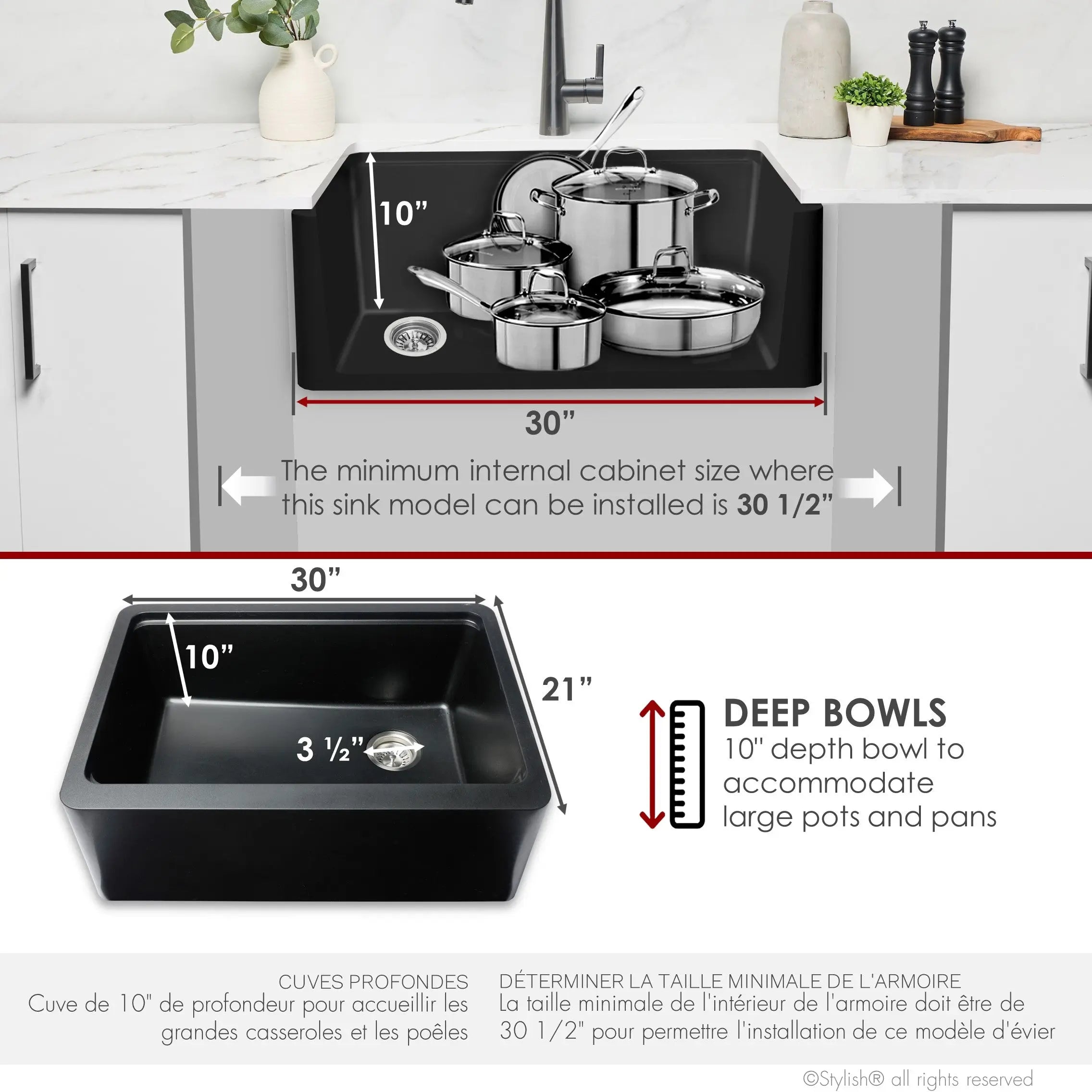 STYLISH 30 inch Farmhouse Workstation Single Bowl Black Composite Apron Kitchen Sink with Built-in Accessories S-830WN Bronte - Plumbing Market