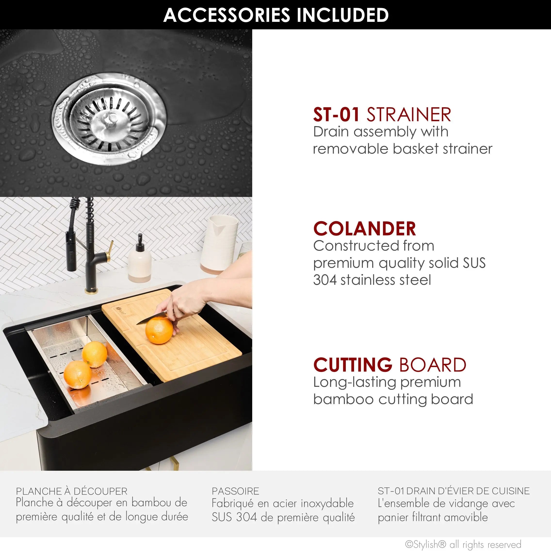 STYLISH 30 inch Farmhouse Workstation Single Bowl Black Composite Apron Kitchen Sink with Built-in Accessories S-830WN Bronte - Plumbing Market