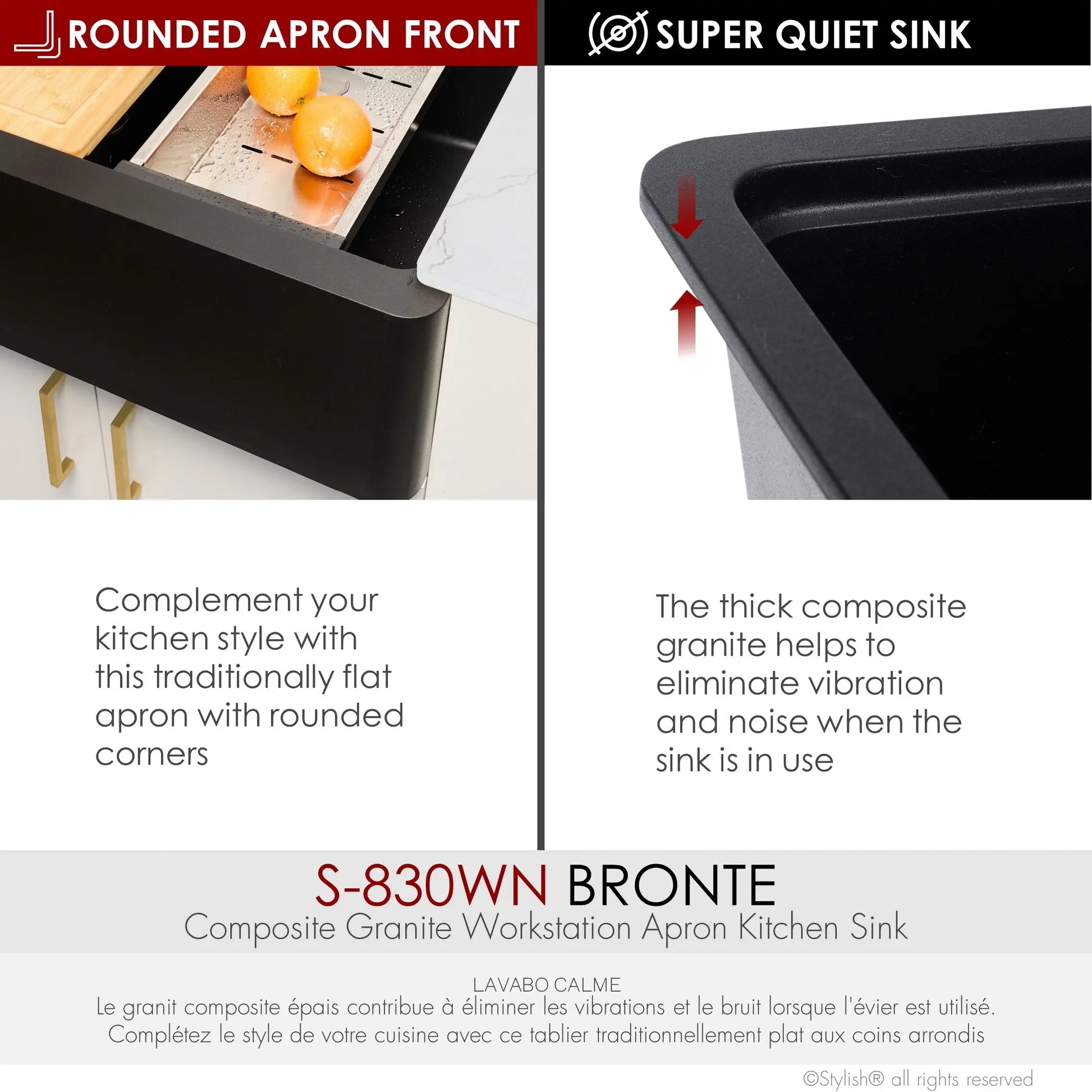 STYLISH 30 inch Farmhouse Workstation Single Bowl Black Composite Apron Kitchen Sink with Built-in Accessories S-830WN Bronte - Plumbing Market