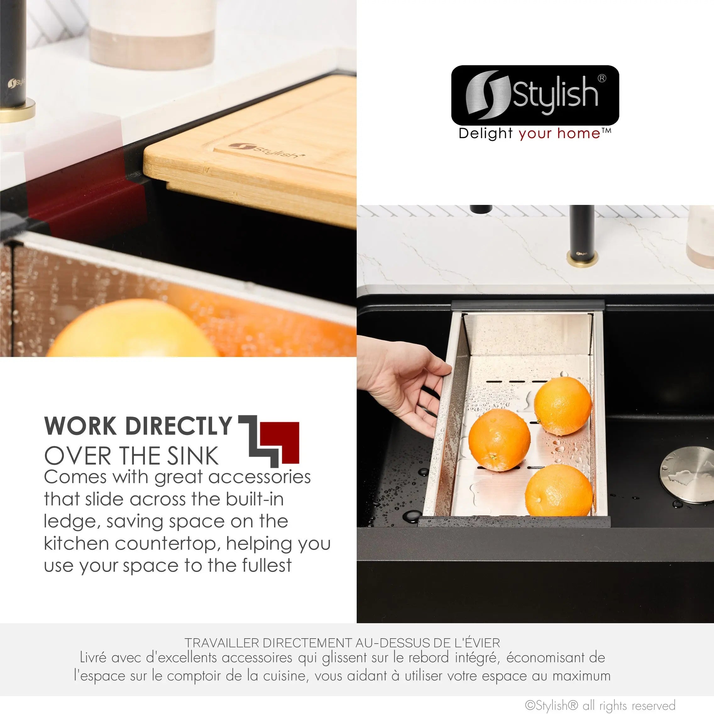 STYLISH 30 inch Farmhouse Workstation Single Bowl Black Composite Apron Kitchen Sink with Built-in Accessories S-830WN Bronte - Plumbing Market