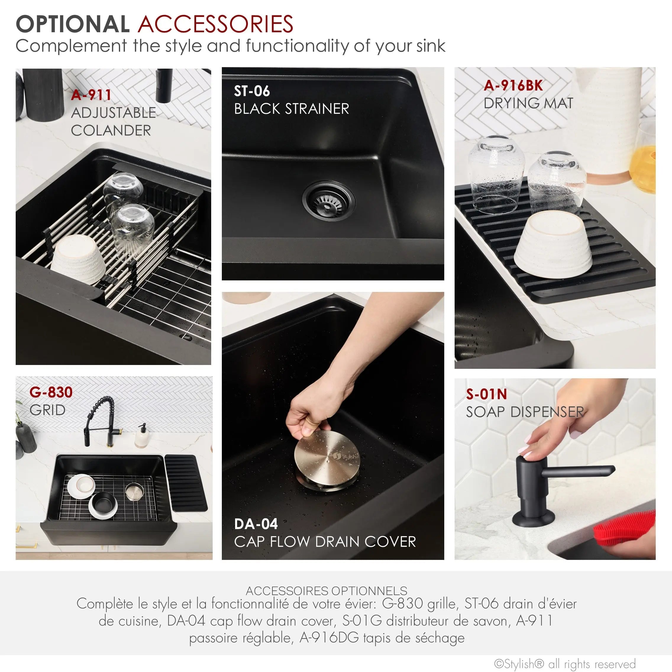 STYLISH 30 inch Farmhouse Workstation Single Bowl Black Composite Apron Kitchen Sink with Built-in Accessories S-830WN Bronte - Plumbing Market