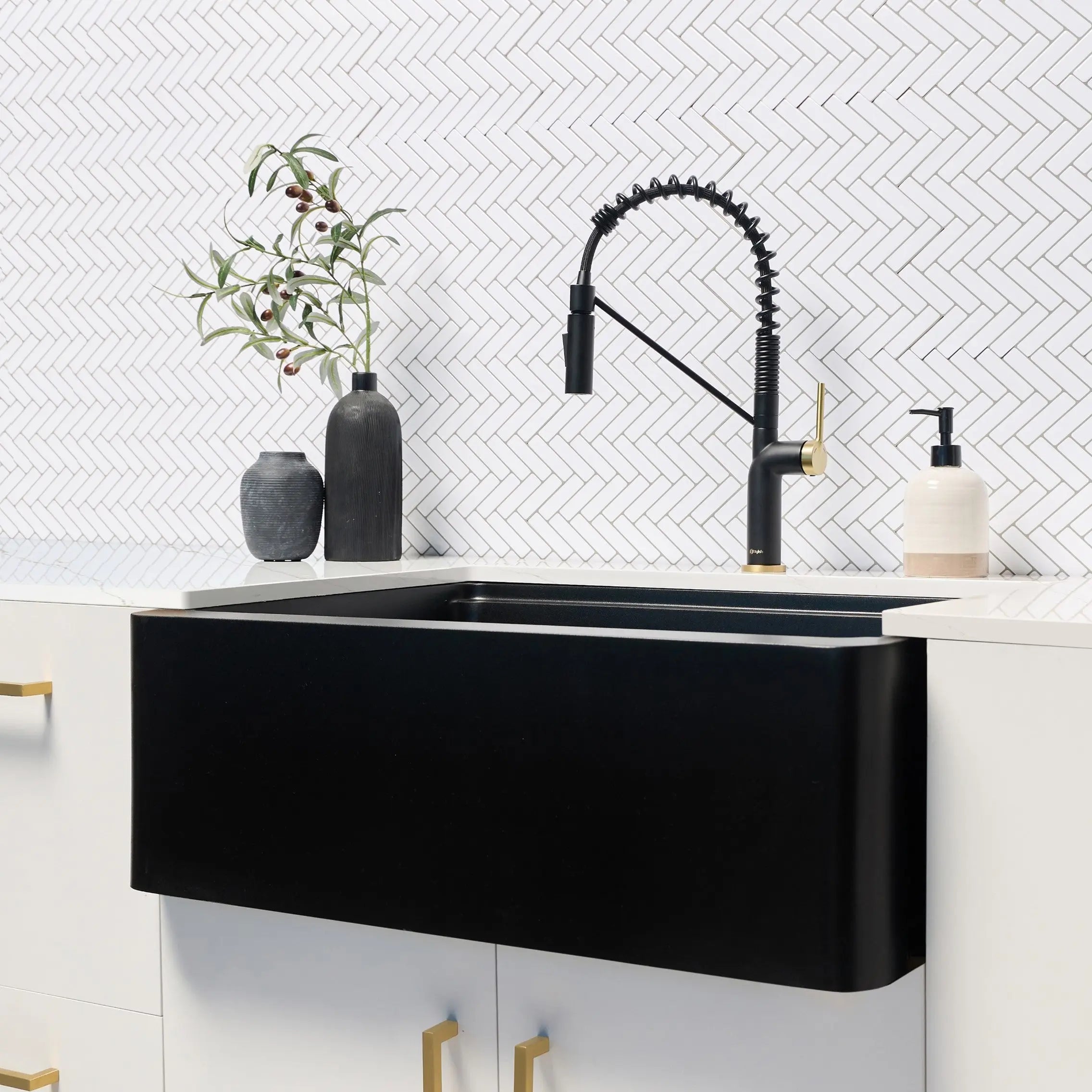 STYLISH 30 inch Farmhouse Workstation Single Bowl Black Composite Apron Kitchen Sink with Built-in Accessories S-830WN Bronte - Plumbing Market