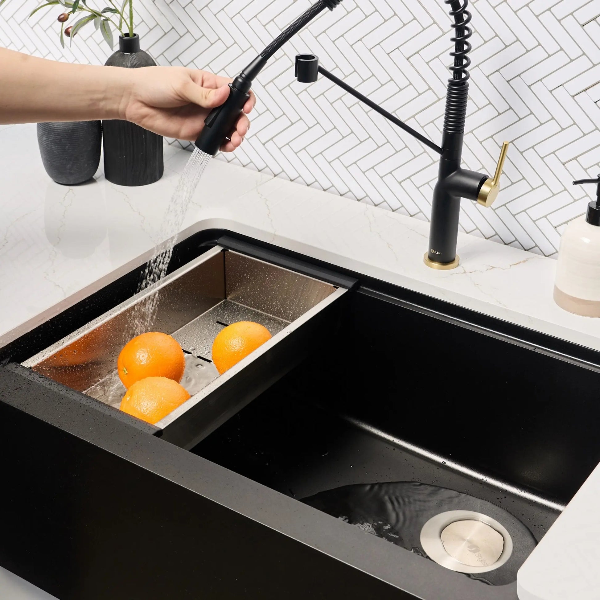 STYLISH 30 inch Farmhouse Workstation Single Bowl Black Composite Apron Kitchen Sink with Built-in Accessories S-830WN Bronte - Plumbing Market