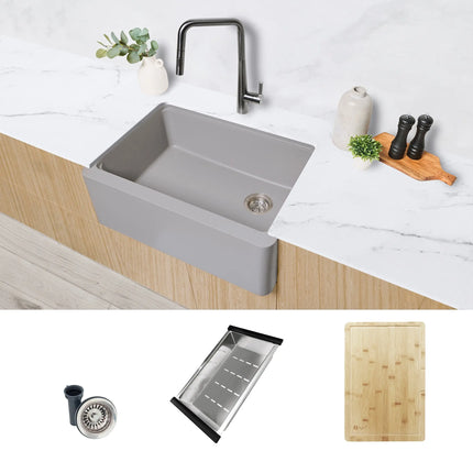 STYLISH 30 inch Farmhouse Workstation Single Bowl Grey Composite Apron Kitchen Sink with Built-in Accessories S-830WL Bronte - Plumbing Market