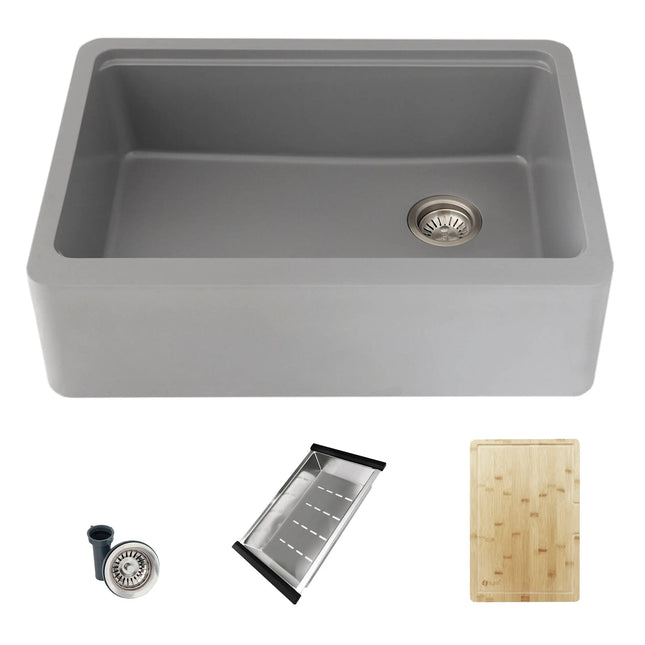 STYLISH 30 inch Farmhouse Workstation Single Bowl Grey Composite Apron Kitchen Sink with Built-in Accessories S-830WL Bronte - Plumbing Market