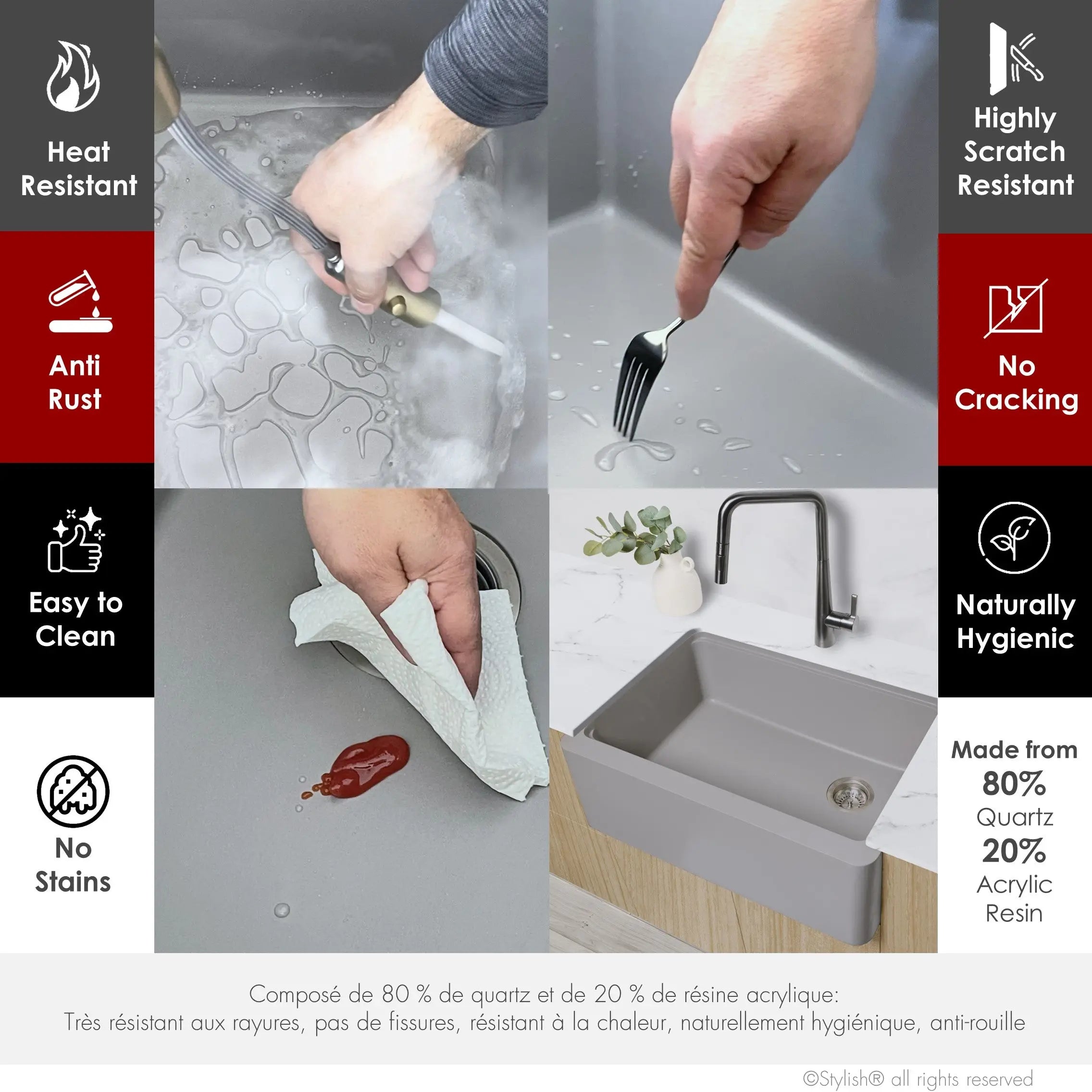 STYLISH 30 inch Farmhouse Workstation Single Bowl Grey Composite Apron Kitchen Sink with Built-in Accessories S-830WL Bronte - Plumbing Market