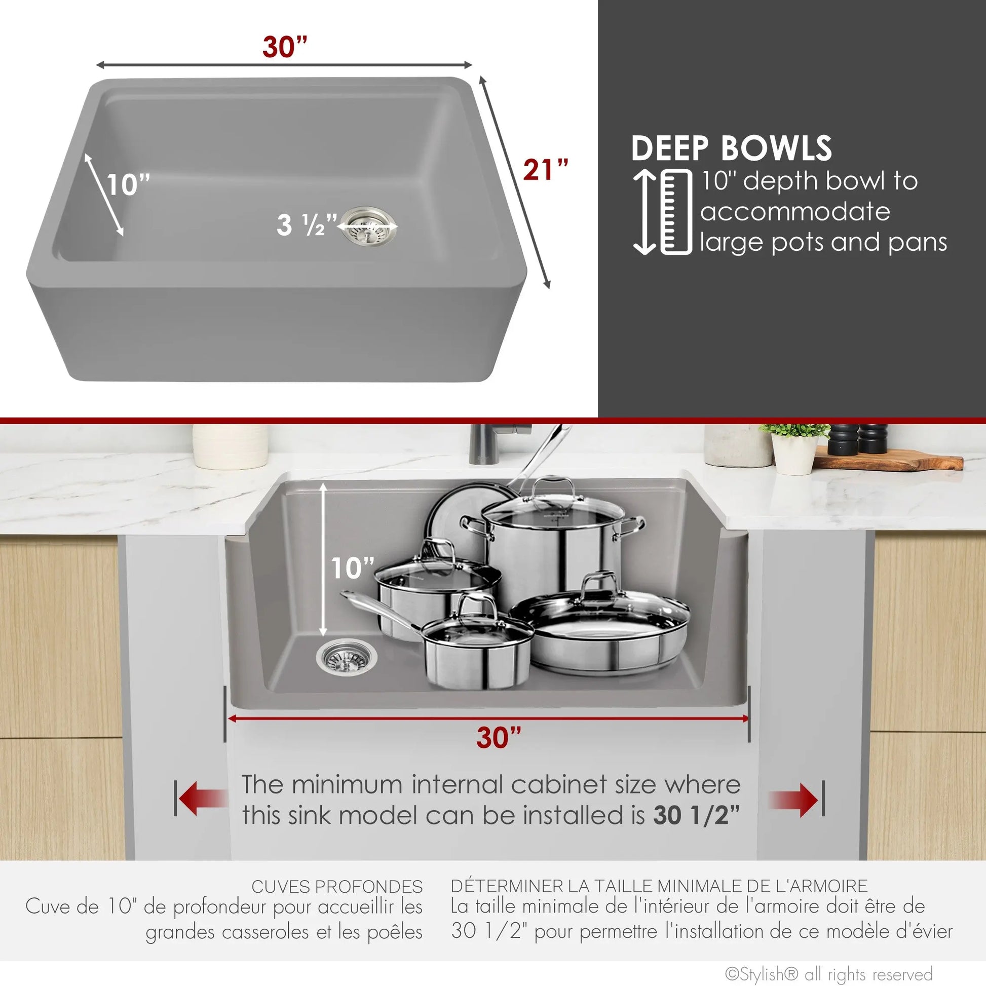 STYLISH 30 inch Farmhouse Workstation Single Bowl Grey Composite Apron Kitchen Sink with Built-in Accessories S-830WL Bronte - Plumbing Market