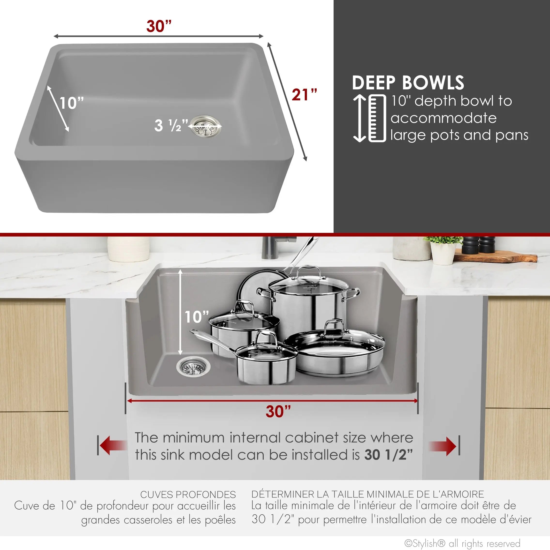 STYLISH 30 inch Farmhouse Workstation Single Bowl Grey Composite Apron Kitchen Sink with Built-in Accessories S-830WL Bronte - Plumbing Market