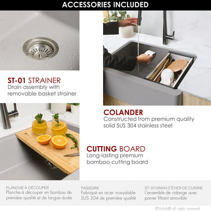 STYLISH 30 inch Farmhouse Workstation Single Bowl Grey Composite Apron Kitchen Sink with Built-in Accessories S-830WL Bronte - Plumbing Market