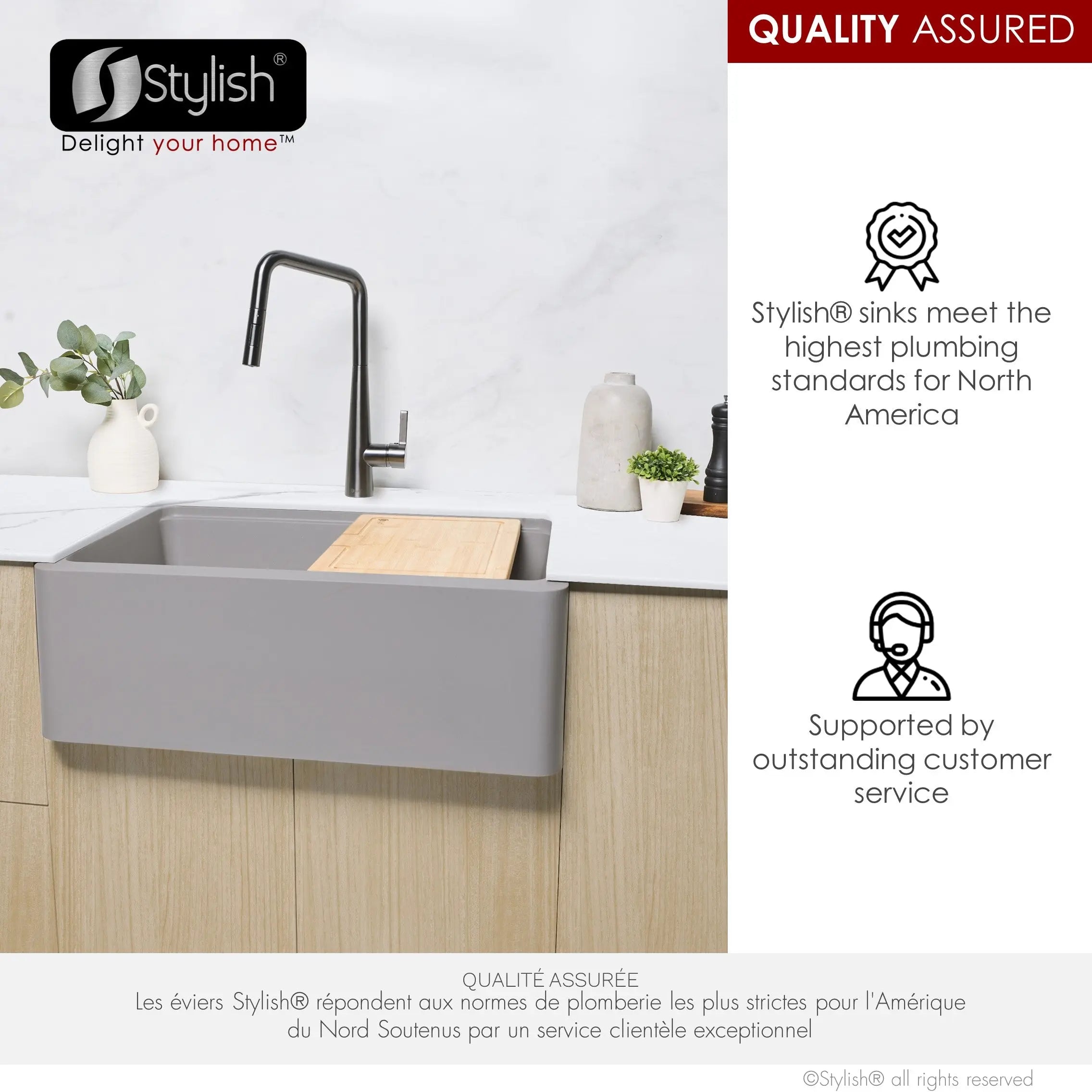STYLISH 30 inch Farmhouse Workstation Single Bowl Grey Composite Apron Kitchen Sink with Built-in Accessories S-830WL Bronte - Plumbing Market