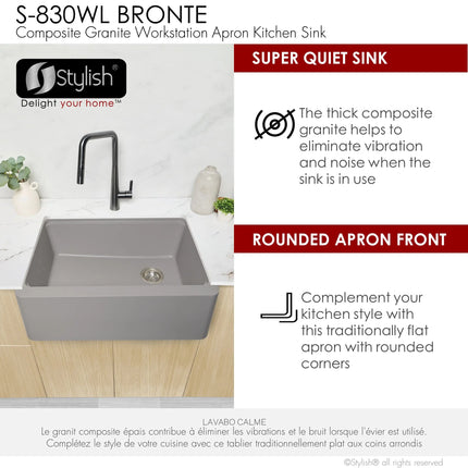 STYLISH 30 inch Farmhouse Workstation Single Bowl Grey Composite Apron Kitchen Sink with Built-in Accessories S-830WL Bronte - Plumbing Market