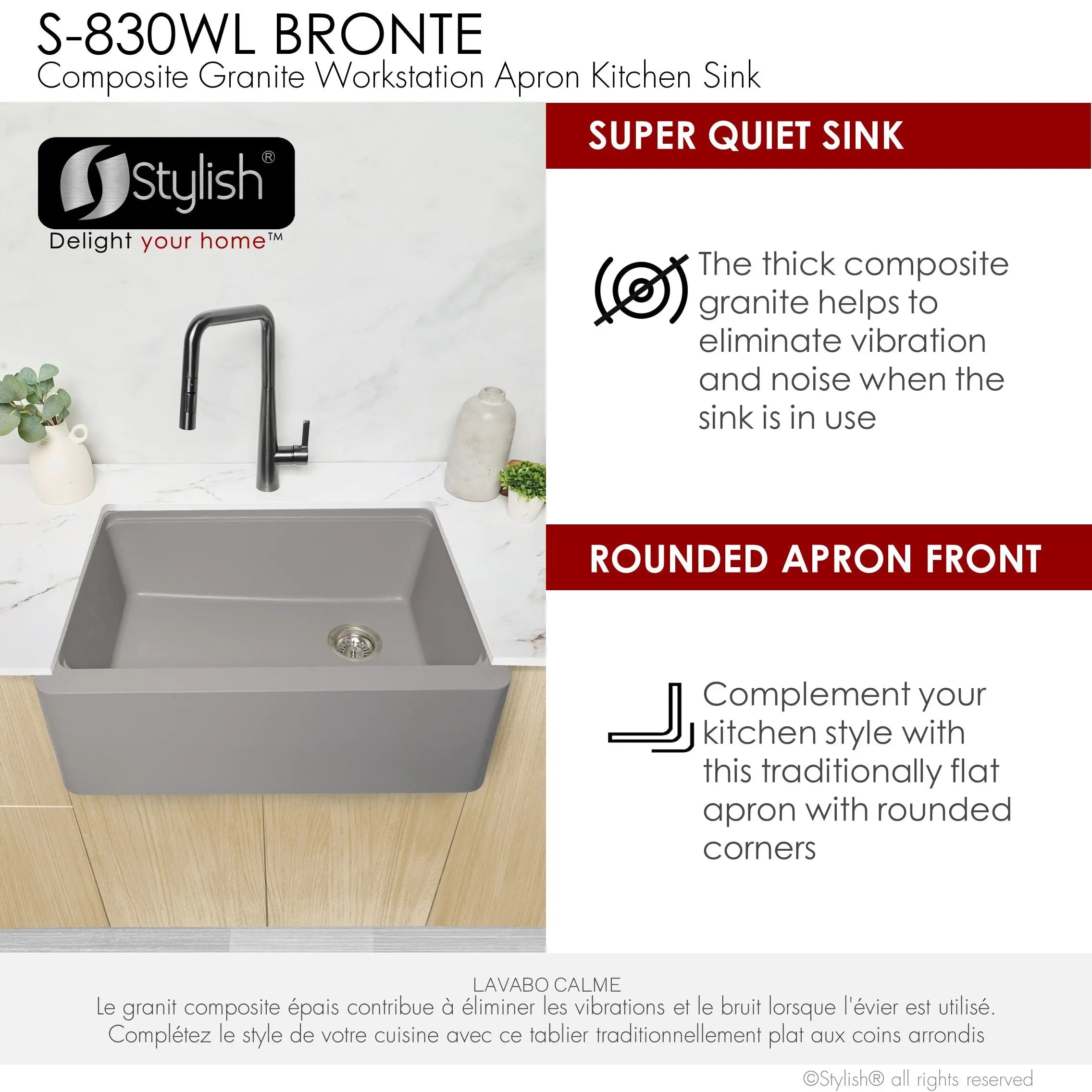 STYLISH 30 inch Farmhouse Workstation Single Bowl Grey Composite Apron Kitchen Sink with Built-in Accessories S-830WL Bronte - Plumbing Market