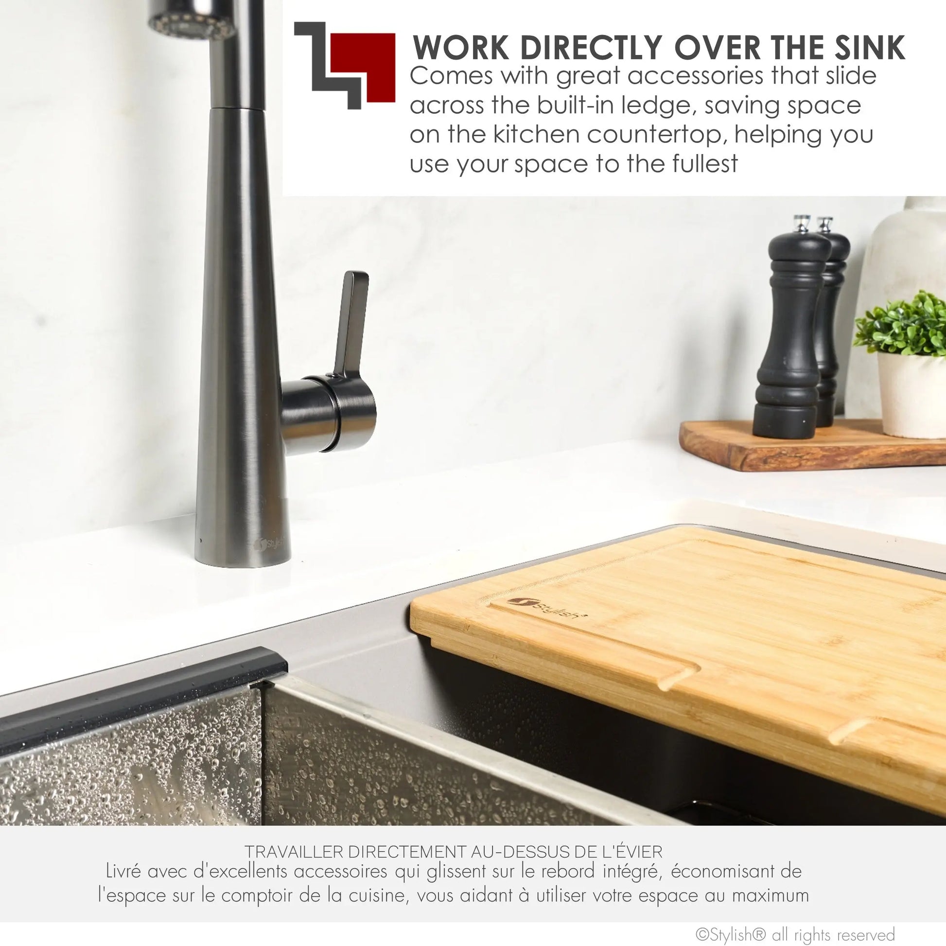 STYLISH 30 inch Farmhouse Workstation Single Bowl Grey Composite Apron Kitchen Sink with Built-in Accessories S-830WL Bronte - Plumbing Market