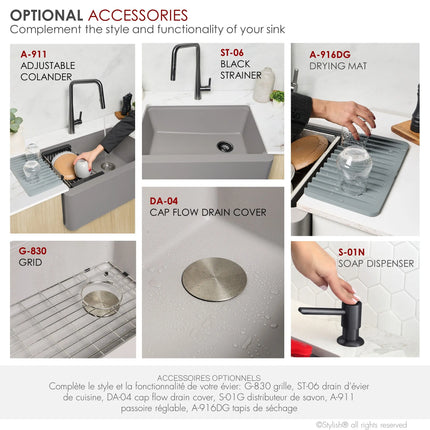 STYLISH 30 inch Farmhouse Workstation Single Bowl Grey Composite Apron Kitchen Sink with Built-in Accessories S-830WL Bronte - Plumbing Market
