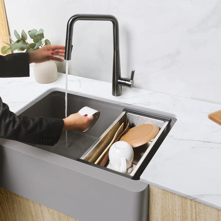 STYLISH 30 inch Farmhouse Workstation Single Bowl Grey Composite Apron Kitchen Sink with Built-in Accessories S-830WL Bronte - Plumbing Market
