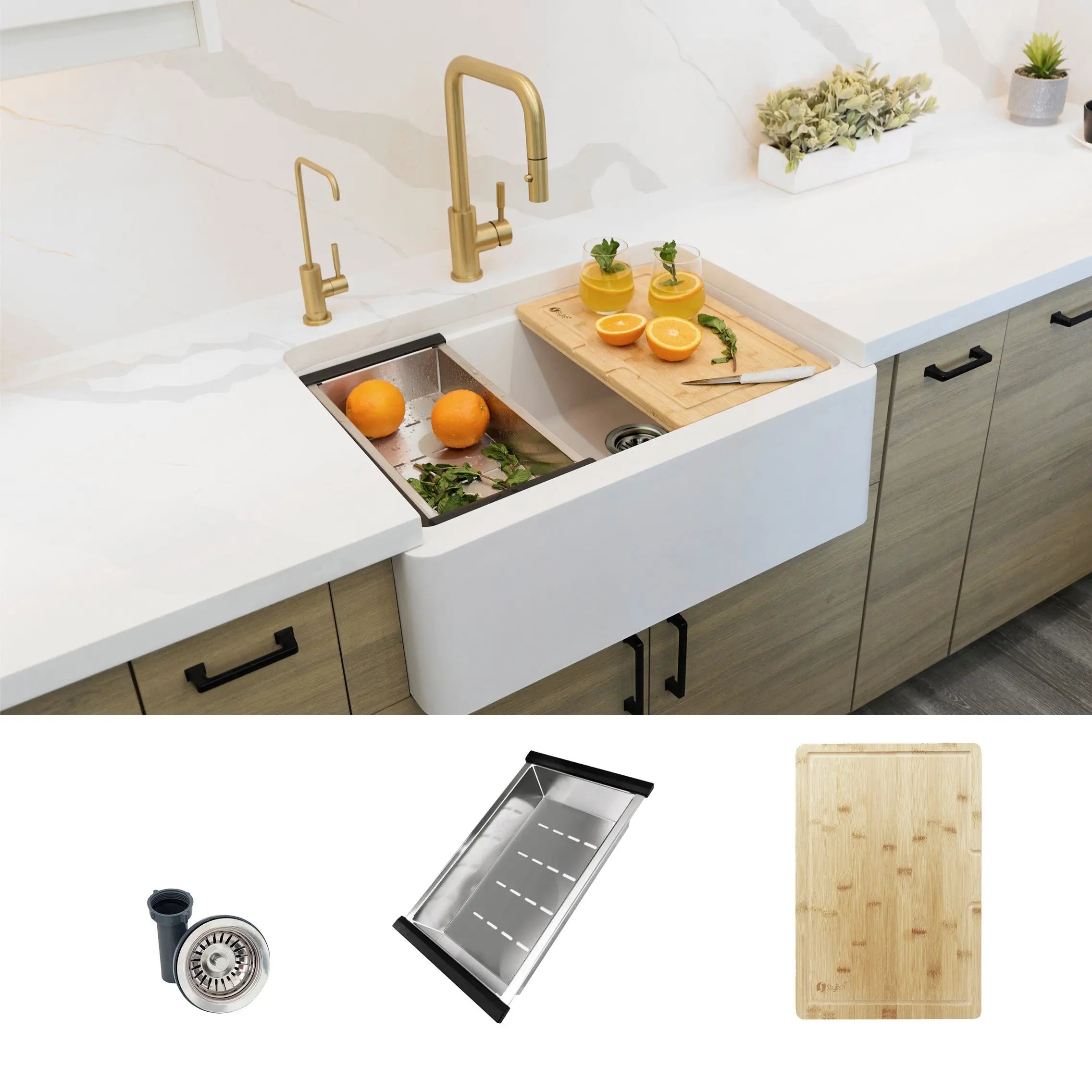 STYLISH 30 inch Farmhouse Workstation Single Bowl White Composite Apron Kitchen Sink with Built-in Accessories S-830WH Bronte - Plumbing Market