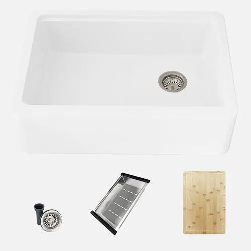 STYLISH 30 inch Farmhouse Workstation Single Bowl White Composite Apron Kitchen Sink with Built-in Accessories S-830WH Bronte - Plumbing Market