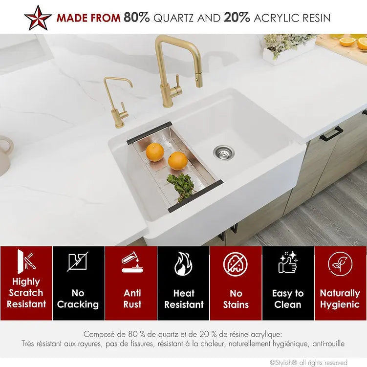 STYLISH 30 inch Farmhouse Workstation Single Bowl White Composite Apron Kitchen Sink with Built-in Accessories S-830WH Bronte - Plumbing Market