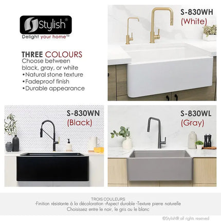 STYLISH 30 inch Farmhouse Workstation Single Bowl White Composite Apron Kitchen Sink with Built-in Accessories S-830WH Bronte - Plumbing Market