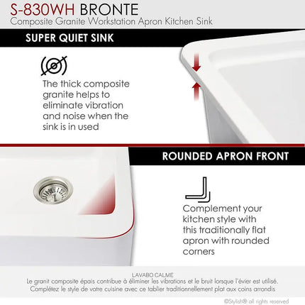 STYLISH 30 inch Farmhouse Workstation Single Bowl White Composite Apron Kitchen Sink with Built-in Accessories S-830WH Bronte - Plumbing Market