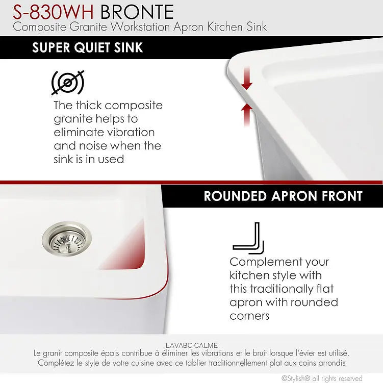 STYLISH 30 inch Farmhouse Workstation Single Bowl White Composite Apron Kitchen Sink with Built-in Accessories S-830WH Bronte - Plumbing Market