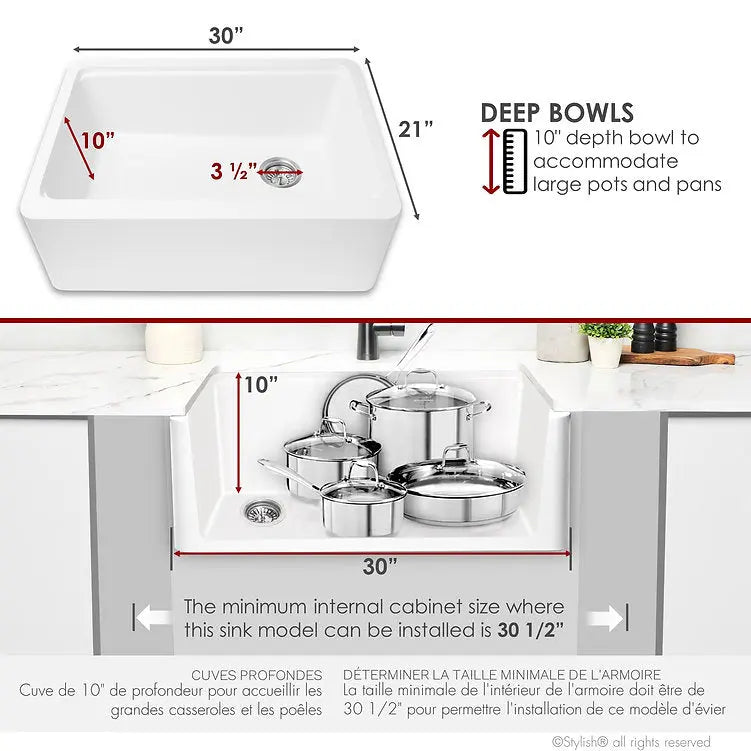 STYLISH 30 inch Farmhouse Workstation Single Bowl White Composite Apron Kitchen Sink with Built-in Accessories S-830WH Bronte - Plumbing Market