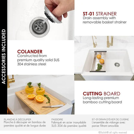 STYLISH 30 inch Farmhouse Workstation Single Bowl White Composite Apron Kitchen Sink with Built-in Accessories S-830WH Bronte - Plumbing Market