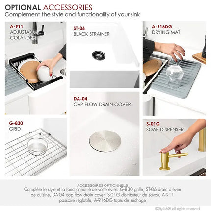 STYLISH 30 inch Farmhouse Workstation Single Bowl White Composite Apron Kitchen Sink with Built-in Accessories S-830WH Bronte - Plumbing Market