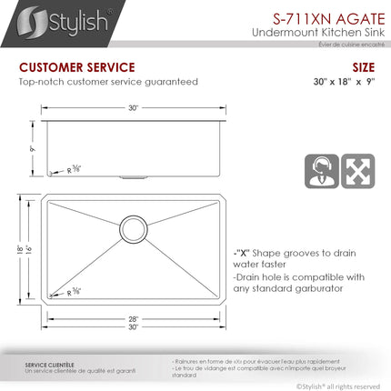 STYLISH 30 inch Graphite Single Bowl Undermount Stainless Steel Kitchen Sink S-711XN - Plumbing Market